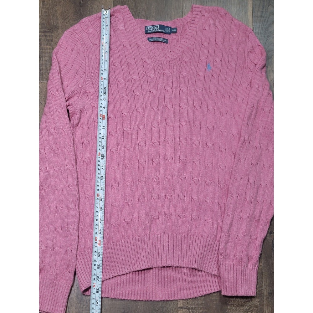 Polo Ralph Lauren Pink 100% Silk Cable‎ Knit V-Neck Sweater Mens Large L/G